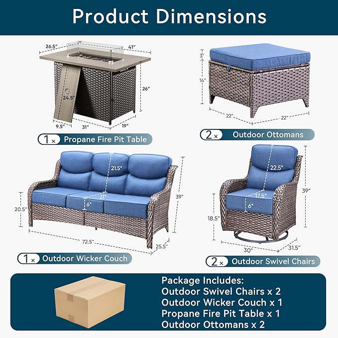 Luxury High Back Outdoor Furniture 6-Inch Thick Cushions with 50,000 BTU Gas Propane Fire Pit Tablet, Patio Furniture Set with Swivel Chairs, 6 PCS for Porch, Balcony, Deck and Yard