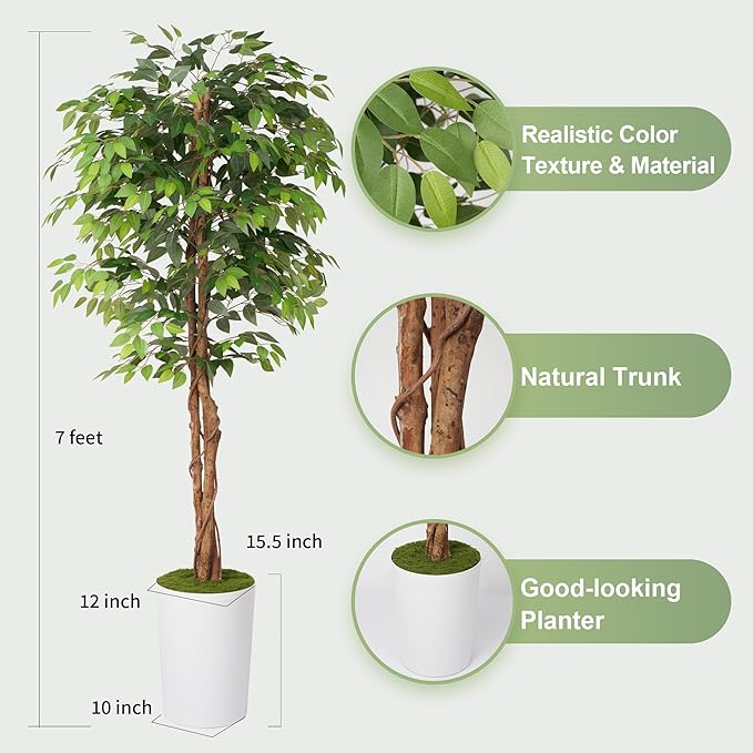 Waoops 7Ft Artificial Ficus Tree in Large Tall Planter - Faux Indoor Plant with Realistic Wood Trunk - Large Tall Fake Plant for Home, Office, Living Room, Patio Decoration