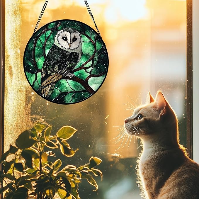 DASTOLL Stained Glass Window Hanging 4 Pcs Set Green Forest Night Sky Wildlife 9.8" - Suncatcher Door Garden Sun Catcher Decor Birthday for Mom Woman Nana Men Friend