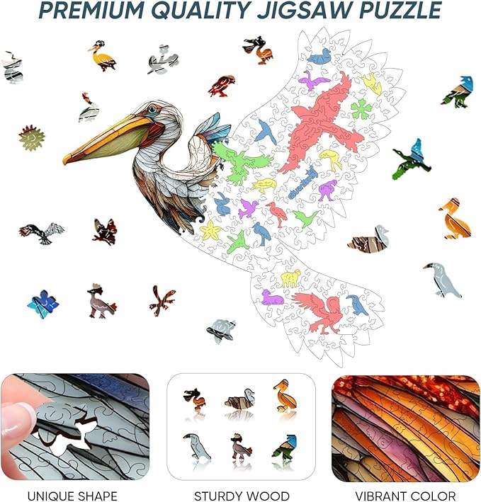 Qiuenisray Wooden Puzzles for Adults, Stained Glass Pelican Jigsaw Puzzles 200 Piece, FSC Certified Unique Animal Shape Puzzles Pieces, Wall Decor, for Family Friend 13.8x13.7 in