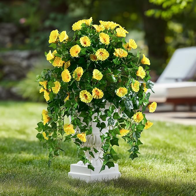 Morning Glory Artificial Hanging Flowers for Outdoors 3 Pcs Fake Petunias Flower Faux Silk Long Trailing Vines Realistic Flower for Front Door Porch Patio Balcony Garden Yard Decor (3 Pcs Yellow)