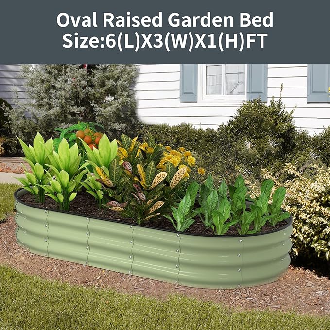 Kesfitt Raised Garden Bed, 6x3x1 FT Galvanized Steel Metal Raised Garden Bed, Oval Open-Bottom Design, 12-Inch Deep for Outdoor Vegetable & Herb Gardening, Fruit Green