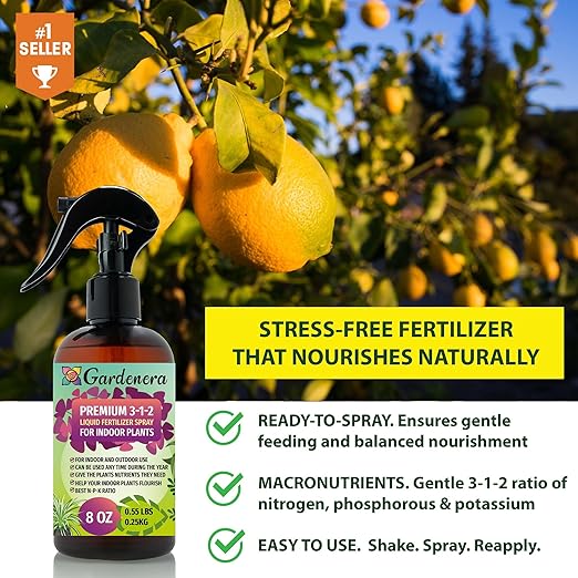 Gardenera Professional Indoor Plants Spray Fertilizer Mist for Home Gardening | 3-1-2 Gentle Blend Mist for Healthy Leaves & Growth | Essential Nutrients for Indoor Plants - 8oz