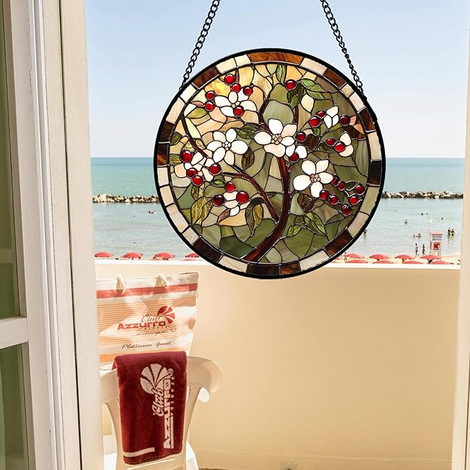 CRIS GIF Stained Glass Window Hanging - Hawthorn Tree Birth Flowers Suncatcher for Doors Garden Patio Sun Catchers Decor Christmas Mother's Day Birthday Gifts for Women Men Mom Nana Friend 9.8 in