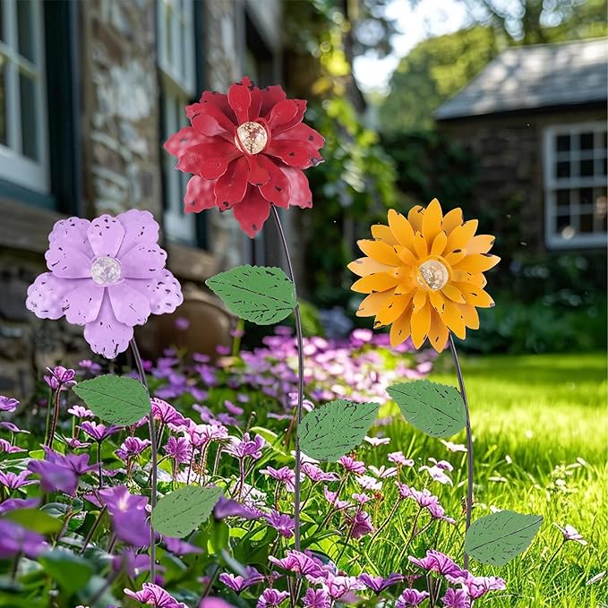 3 Pack Floral Garden Stake Decor, Glow in Dark Shaking Head Outdoor Plant Pick Water Proof Metal Flower Stick for Lawn Yard Patio Pathway Ornament