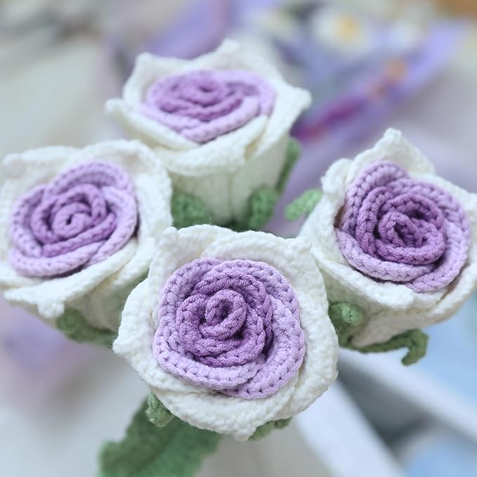 YOOJEE Crochet Purple Ombre Rose Tulip Bouquet Christmas Pet-Safe Handmade Knitted Florals for Women Coworkers Teachers with Greeting Card