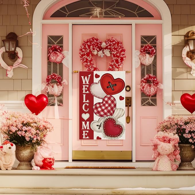 Welcome Valentine’s Day Romantic Love Hearts House Flag Big Large Burlap 28X40 Inch Vertical Double Sided Outside Yard Holiday Outdoor Farmhouse Decoration