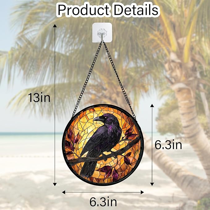 DASTOLL Stained Glass Window Hanging - Crow on a Branch Suncatcher Ready to Hang Window Doors Home Decoration and Christmas, Mother's Day Birthday Gifts for Women, Men, and Mom 6.3x6.3 in