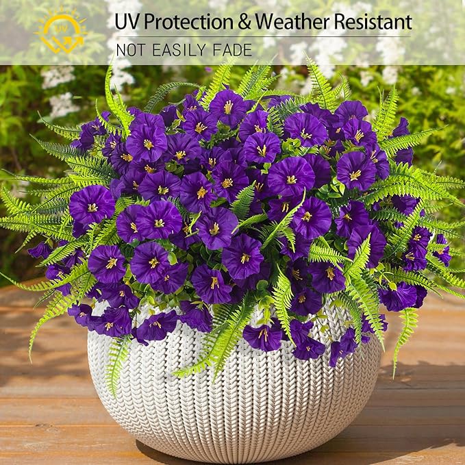 HIAGROW Artificial Flowers Outdoors 12 Bundles Artificial Petunias Fake Flowers UV Resistant Shrubs Plants with Fern for Indoor Outside Hanging Planters Home Garden Summer Decorations (Purple)