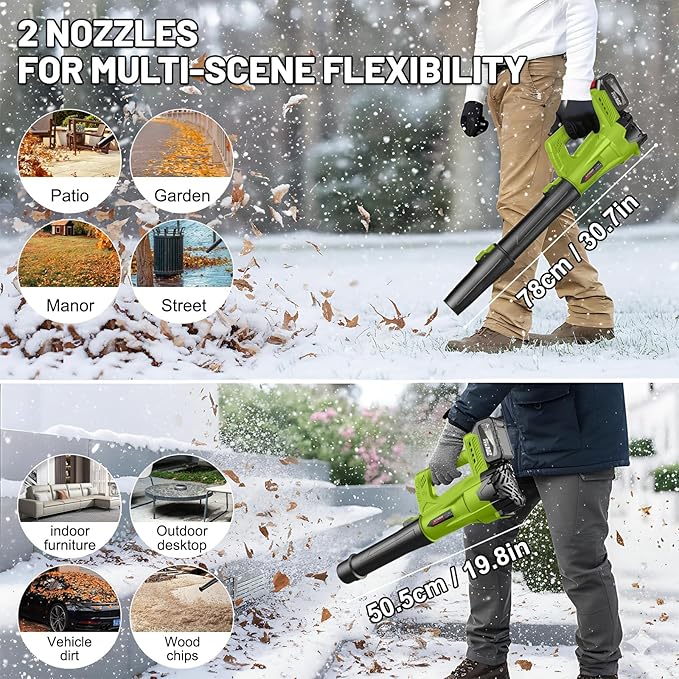 Leaf Blower Cordless with 2 x 4.0 Ah Battery and Charger, 160MPH/580CFM High Power Lightweight Handheld Electric Snow Blower with 2 Extended Tubes for Lawn, Yard, Leaves, Dust, Snow Care (Green)