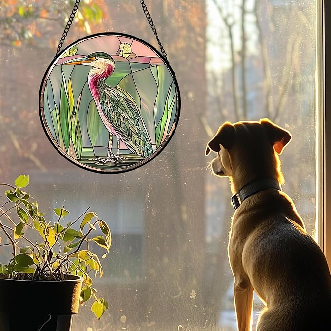 DASTOLL Stained Glass Window Hanging 4 Pcs Set Cute Animal 6.3"- Green Plant Pink Suncatcher Door Garden Sun Catcher Decor Birthday Christmas for Mom Woman Nana Men Friend