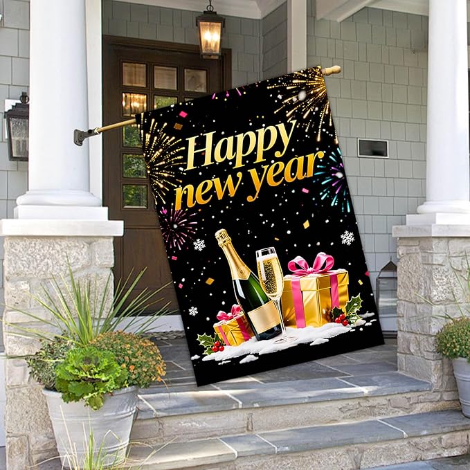 Happy New Year House Flag 28x40 Inch Champagne Bottle Gift Boxes and Fireworks Garden Flag Black Gold Holiday Outdoor Yard Decoration Celebration Banner for Home Porch Lawn