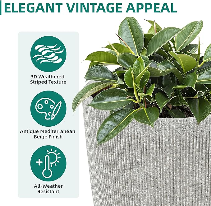 Ultym 19" H Mediterranean Planter for Indoor/Outdoor Plants, Set of 2 Large Flower Pot with Drainage Hole, Weather/UV Resistant Resin Planters for Garden Patio Porch Home Office Decor, Beige Fluted