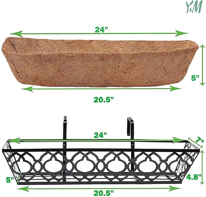 Y&M Flower Boxes for Deck Railings 24inch 4packs, Deck Railing Planter Boxes with Coir Liner Outdoor Railing Window Boxes Planters Hanging Planter Flower Box