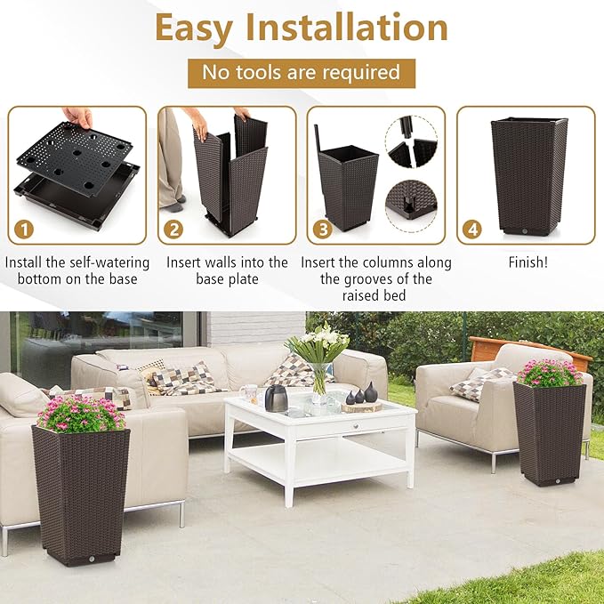 Giantex Outdoor Wicker Flower Pot Set of 2, 22.5 Inch Tall Planters with Drainage Hole, Self-Watering Tray, Rattan Flower Pots, Indoor Outdoor Planter for Porch Door Front Balcony Entryway (Brown)