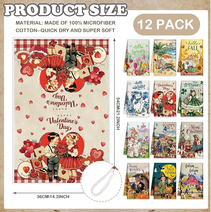 FuWeave 12 Pcs Seasonal Kitchen Towels Set for All Holidays Hand Dish Tea Towels Gift Bulk Valentine's Day Absorbent Dishcloths Housewarming Gift for Cooking Kitchen Bathroom(Vintage Style)