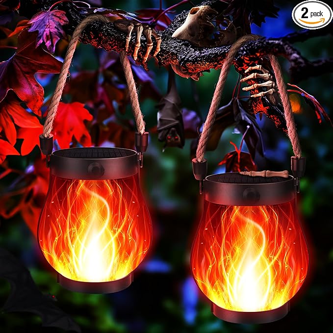 Solar Flame Lantern Hanging Outdoor Waterproof - 2 Pack Flame Lanterns with Dual Charging Modes of Solar & USB for Garden or Yard Decorations (Red - 2 Pack)