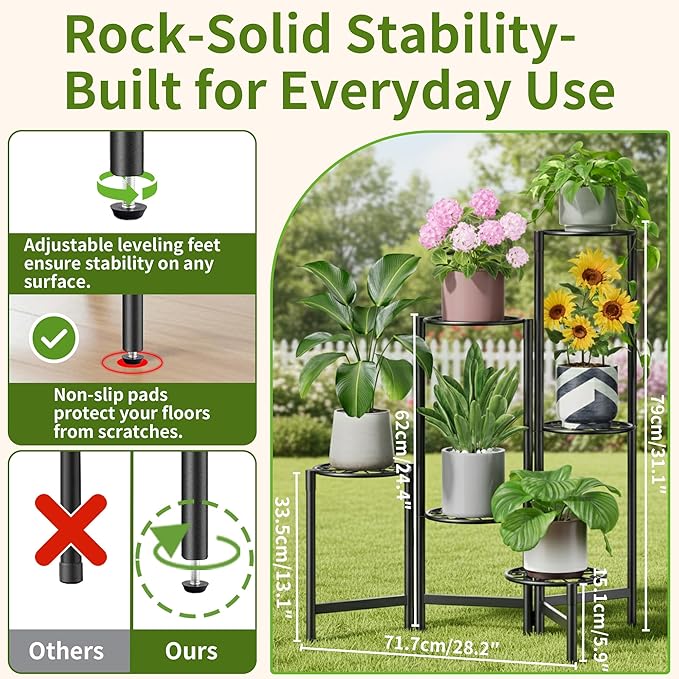 NQW 6 Tier Large Plant Stand Indoor with 7.9-Inch Wide Drainage Tray, Tiered Corner Metal Outdoor Flower Display Holder Shelf, Folding Tall Rack for House Patio Porch Balcony Graden - BlackS