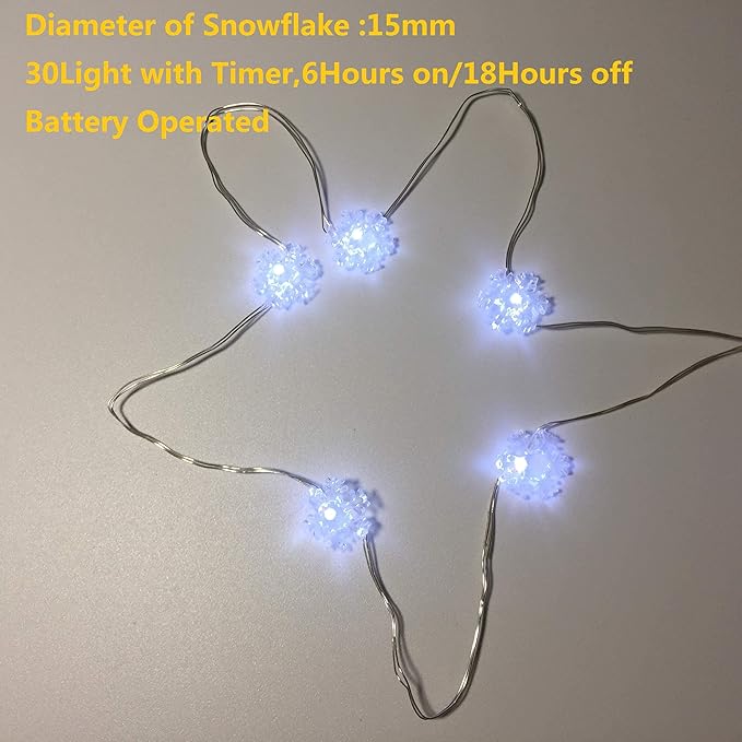 2 Pack Battery Operated Mini Snowflake Led Fairy Lights with Timer 6 Hours on/18 Hours Off for Wedding Party Decoration,30 Count LEDs,10 Feet Silver Wire (Cold White)