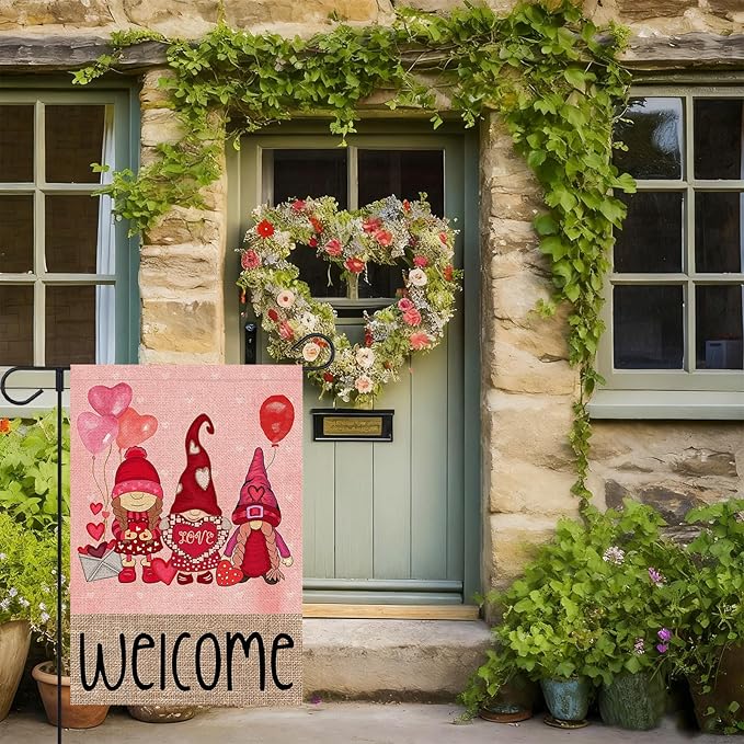 Welcome Valentines Day Gnomes Garden Flag 12x18 Inch Double Sided Outside Red Balloon for Outdoor Farmhouse Anniversary Holiday Yard Valentine Decoration FF-225