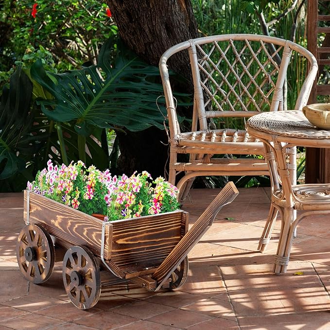 Wooden Wagon Flower Planter Cart Garden Planter Box with Wagon Wheels Cart for Home Garden Outdoor Balcony Decorative, Patio Flowers Herbs Vegetables, Brown 34 x 23.5(Small Classic)