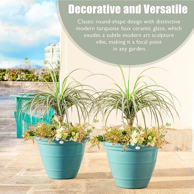 Glitzhome 19.5"D Tall Planters, Large Flower Pots with Turquoise Faux Ceramic Finish, Plastic Tall Planters for Outdoor Plants with Drainage Holes,Round Plant Pots for Front Porch Patio Deck, Set of 2