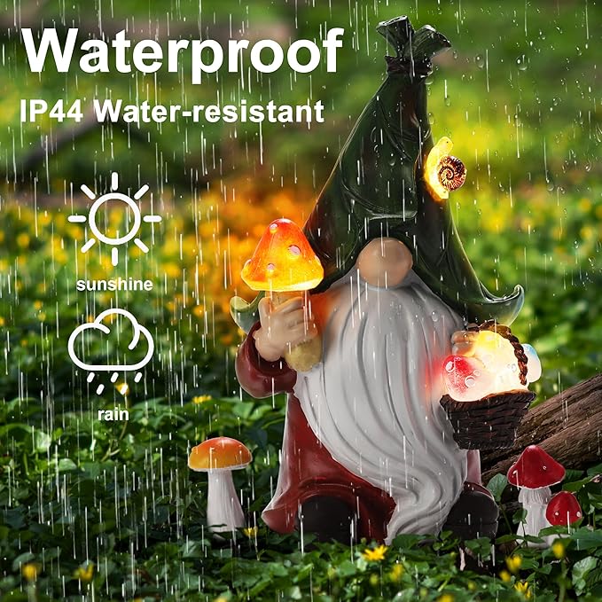ZhiYo-GD Mushroom-Picking Gnome Solar Garden Statue with 3 LED Lights, Set with 1 Gnome and 2 Small Mushroom, Lovely Garden Gnome Set for Patio, Yard, Lawn Ornament, Outdoor Christmas Decor