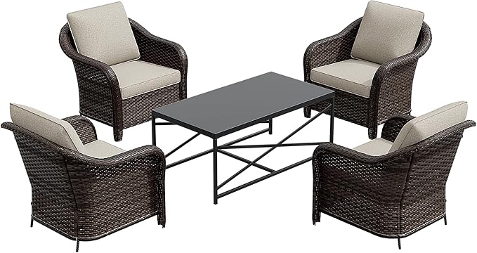 5 Pieces Outdoor Patio Conversation Furniture Set with Removable Covers, All-Weather PE Rattan, 4 Steel Frame Wicker Chairs with Cushions, 47" Metal Coffee Table for Yard (Beige)
