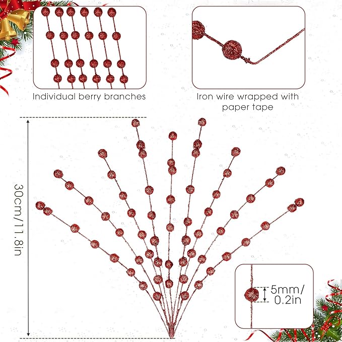 Syhood 200 Pcs Glitter Berry Stems, 13.8 Inches Christmas Berry Picks Holly Branches for Christmas Tree Decorations, Holiday Ornaments Home Decor and DIY Crafts(Red)
