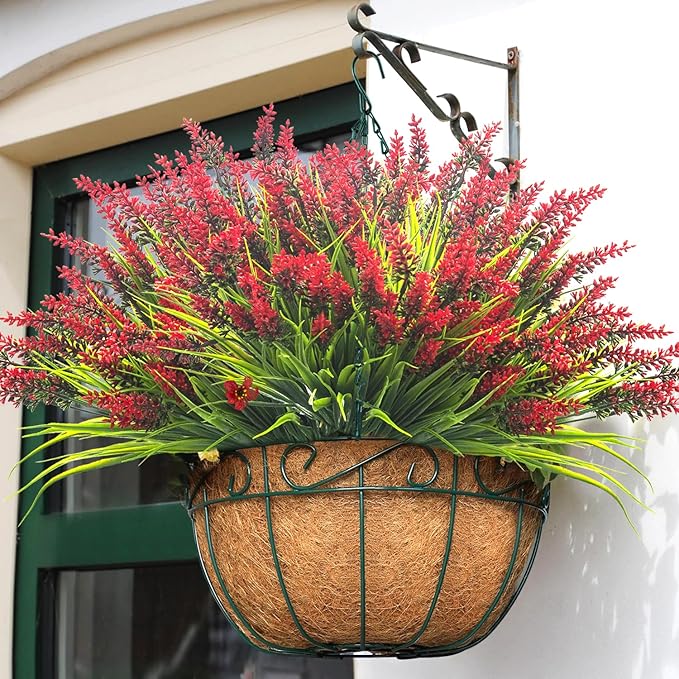 Grunyia 20 Bundles Artificial Plants Outdoor Fake Monkey Grass with Flowers (Red)