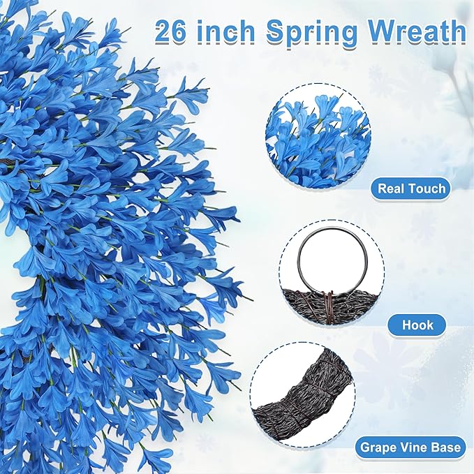 26 Inch Spring Wreaths for Front Door Large Easter Valentines Forsythia Floral Summer Spring Door Wreaths Outdoor All Season Spring Decorations for Home Porch Room Window Wall Farmhouse Decor (Blue-R)