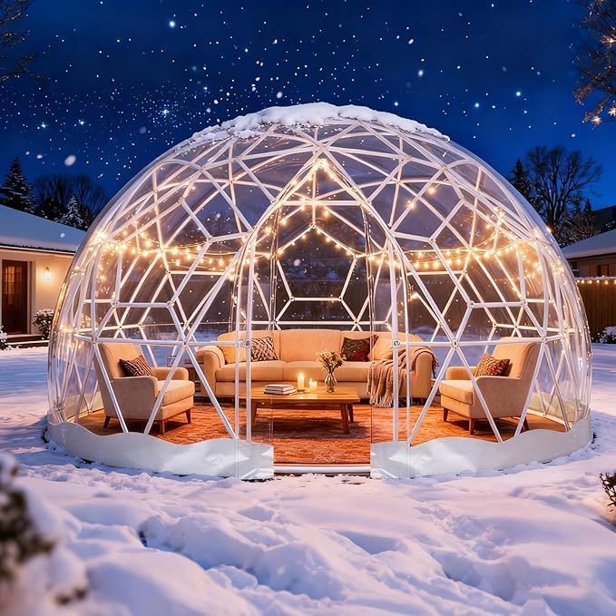 Garden Dome Tent 12*7.2FT, 360° View Geodesic Dome Greenhouse with PVC Clear Cover, Waterproof Garden Bubble Dome Tent House with 2 x 10M Light Strings for Outdoor, White
