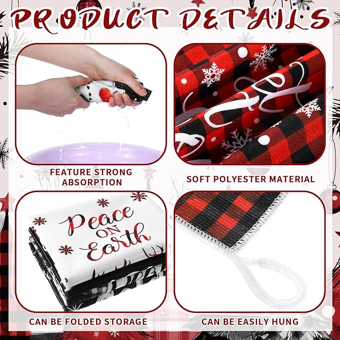 Bencailor 16 Pcs Christmas Kitchen Towels Xmas Holiday Hand Dish Towels Buffalo Plaid Snowman Truck Tea Dishcloths for Christmas Winter Holiday Kitchen Bathroom Home Decor Gifts