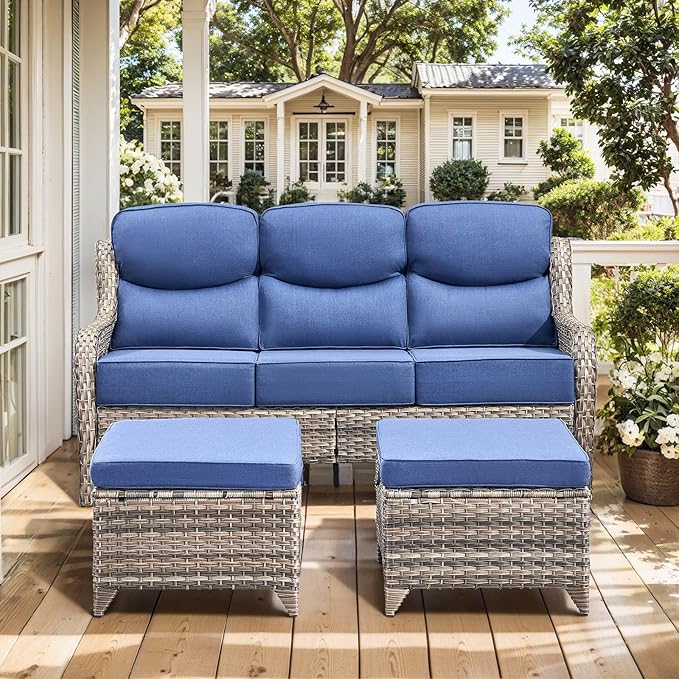 HUMMUH Luxury Patio Furniture Set 6-inch Thick Cushions High Back Swivel Rocker Chairs & 3 Seater-Couch & Steel Fire Pit Table 11 Pieces Outdoor Conversation Set for Porch,Deck,Backyard