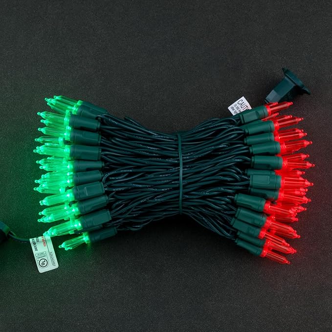 YULETIME 100 Red and Green One-Piece T5 LED Christmas Lights, 33 ft High Waterproof UL Certified Green Wire String Lights (Red & Green)