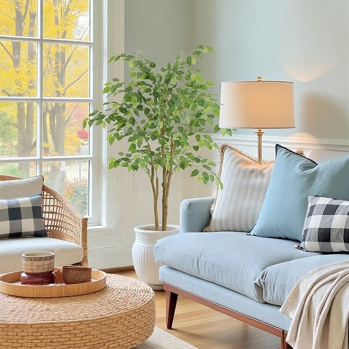 Tall UV Resistant Ficus Tree Artificial，4ft(48in) Faux Ficus Tree with Realistic Smooth and Shiny Leaves， Fake Trees Indoor Outdoor for Home Office Living Room Bedroom Foyer Porch Decor.