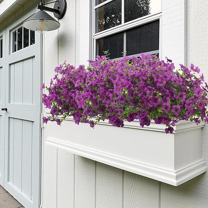 Grunyia Artificial Fake Flowers for Outdoor Spring Decoration, 16 Bundles Faux Silk Colorful UV Resistant Realistic for Outside Porch Patio Home Yard Garden Planters Pots Window Box (Light Purple)