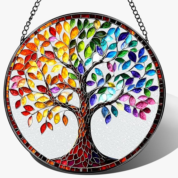 LAOWEIKI 8'' Tree of Life Sun Catcher Ornament, Stained Glass Window Hanging, Suncatchers for Windows Hanging Ornaments, Window Decor | Housewarming Gift, Gifts for Mom & Grandma
