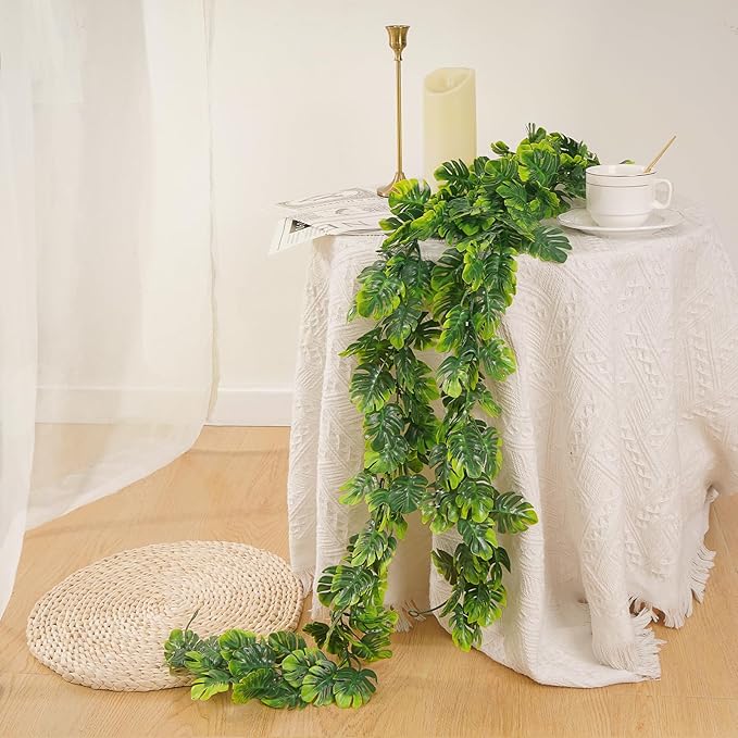 Dolicer 6Pcs Artificial Vines Greenery Garland, 5.6Ft Fake Hanging Greenery Plants Monstera Leaf Vines Tropical Palm Leaves Garland for Home Garden Porch Patio Hawaiian Party Indoor Outdoor Decor
