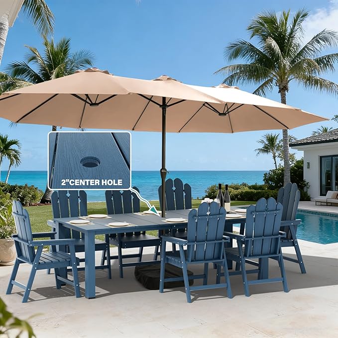 9-Piece Patio Dining Set, Outdoor Dining Set for 8, Large HDPE All-Weather Outdoor Furniture with 89.57” Umbrella Hole Table, 8 Armchairs, Navy