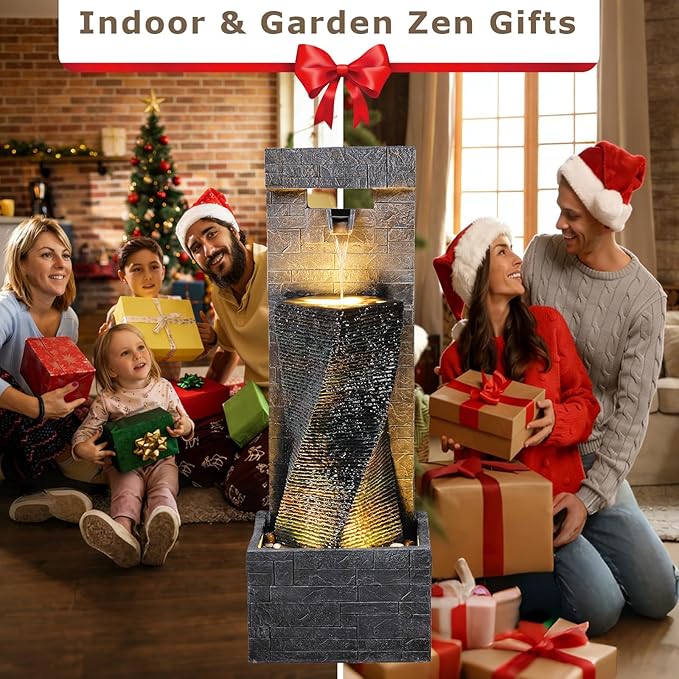 39.8’’ Tall Modern Spiral Waterfall Fountain Outdoor/Indoor Water Fountain Resin Stone-Like Water Feature with LED Lights for Outside, Garden, Patio, Porch, Deck, Backyard, Home Decor