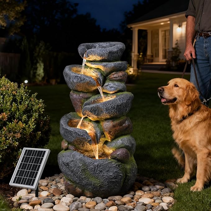 5-Tier Rock Solar Water Fountain Outdoor Garden, 36.2''Tall Cascading Natural Solar Powered Fountain Outdoor with LED Lights, Water Feature for Garden, Patio, Deck, Backyard Decor