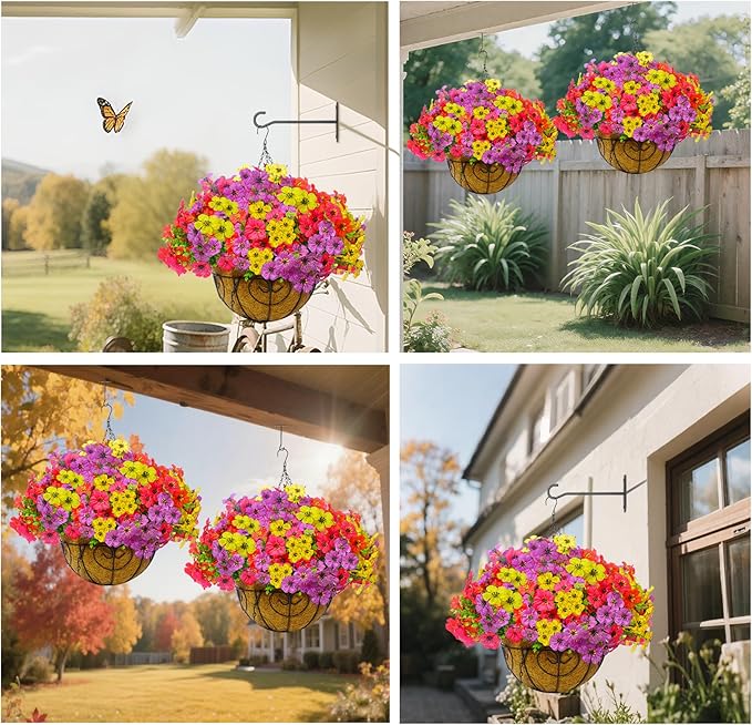 YYTDDUUU Artificial Hanging Flowers Plants 2 Set,Faux Flowers Basket for Outdoor Porch Decor,Fake Silk UV Sun Resistant Colorful Life-Like Hanging Daisy for Garden Balcony Yard Dector