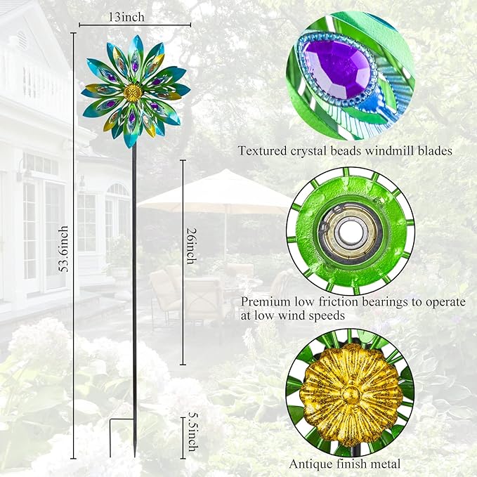 VEWOSTAR 53 Inch Wind Spinner - Outdoor Metal Peacock Wind Sculptures for Garden, Patio, Yard, Lawn Decorations Double Windmill Spinner