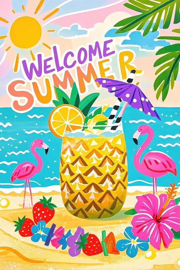 Welcome Summer Garden Flag 12x18 Double Sided Flamingo Sunshine Hawaii Tropical Beach Holiday Garden Flags Welcome Summer Tropical Ocean Sea Yard Flag for Seasonal Outdoor Party Decoration