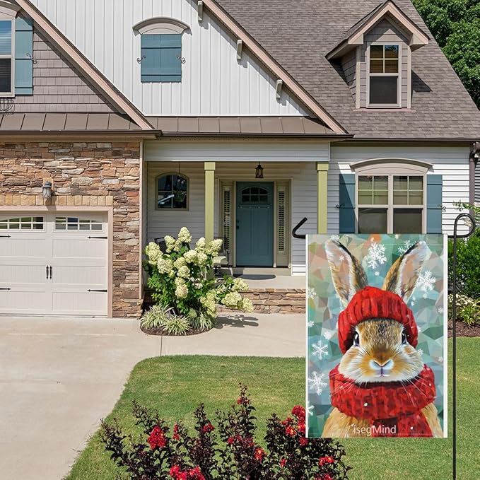 Rabbit with Red Scarf and Hat Snowflake Christmas Garden Flag, 28x40 Inch Double Sided Linen Holiday Red Winter Farmhouse Yard Outdoor Decoration (4337)