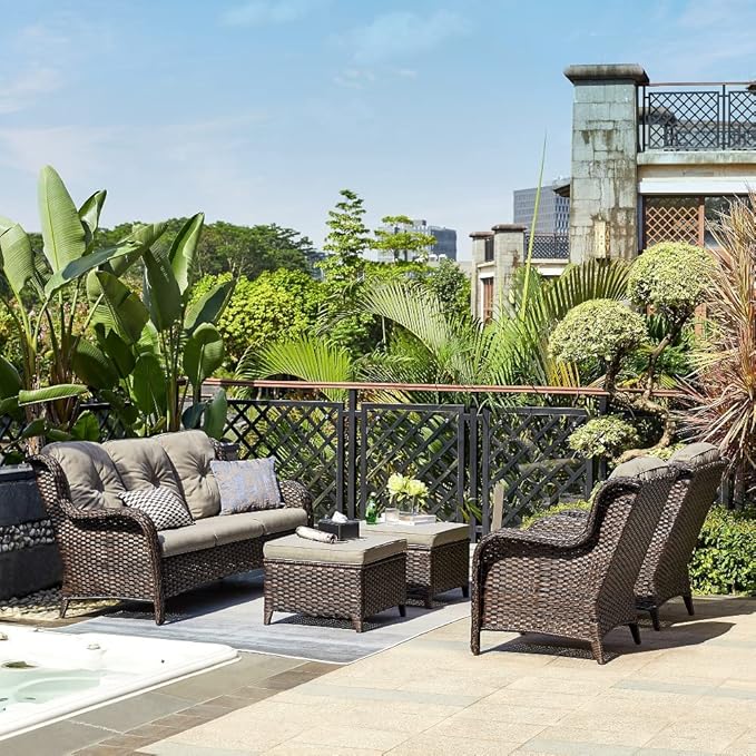 HUMMUH Outdoor Furniture 5 Pieces Patio Furniture Set Wicker Outdoor Sectional Sofa with 2 Patio Chairs,Ottomans