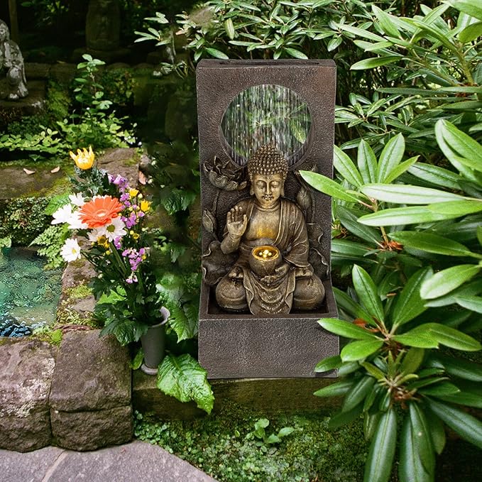 Ferrisland Buddha Waterfall Fountain Outdoor, Freestanding Relaxing Water Fountain, Asian Zen Fengshui Patio Garden Backyard Decking Home Decor, Gift Ideas (Gold, 27.6" H)