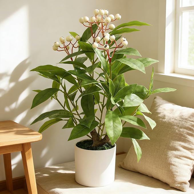 16" Artificial Potted Greenery Tree, Indoor Fake Berry Stems Tree in Pot Table Faux Green Plant for Home Desk Decor Office Kitchen Living Room Bedroom Bathroom (S, White Berry)