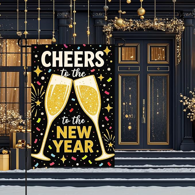 Cheers to the New Year Garden Flag 12x18 Inch Double Sided New Year Garden Banner Outdoor Yard Decor Black Gold Champagne Toast Party Decoration Lawn Flag